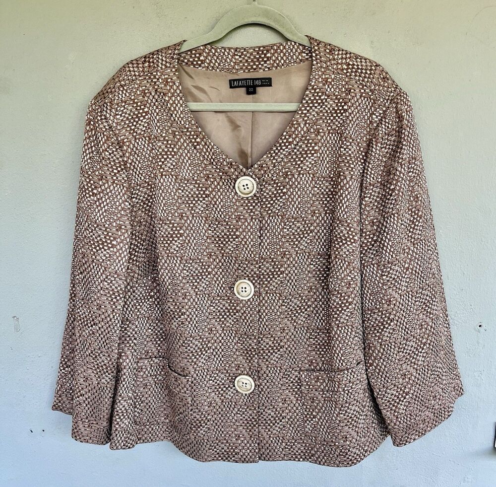 Lafayette 148 New York Grid Texture Jacket 22 Button Closure Patch Pockets Blaze